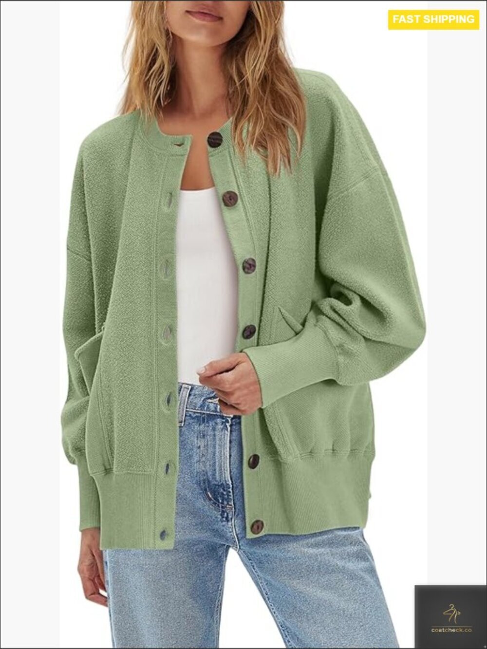 Oversized Sweatshirt Cardigan Button Front Long Sleeve Open Jacket with Pockets
